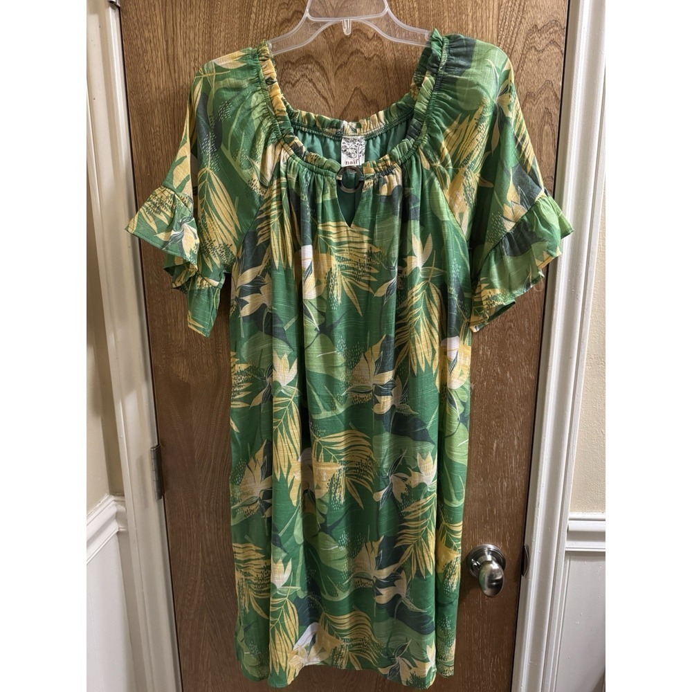 Naif Anthropologie Dress Green Tropical Leaves Short Bell Sleeve Off-Shoulder L
